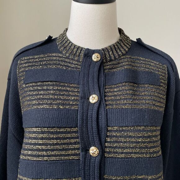 Barra of Italy Wool Blend Navy Blue Metallic Gold Military Style Button Cardigan - Picture 2 of 11
